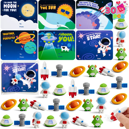 30 Space-Themed Valentine's Cards with Erasers for Party Favors