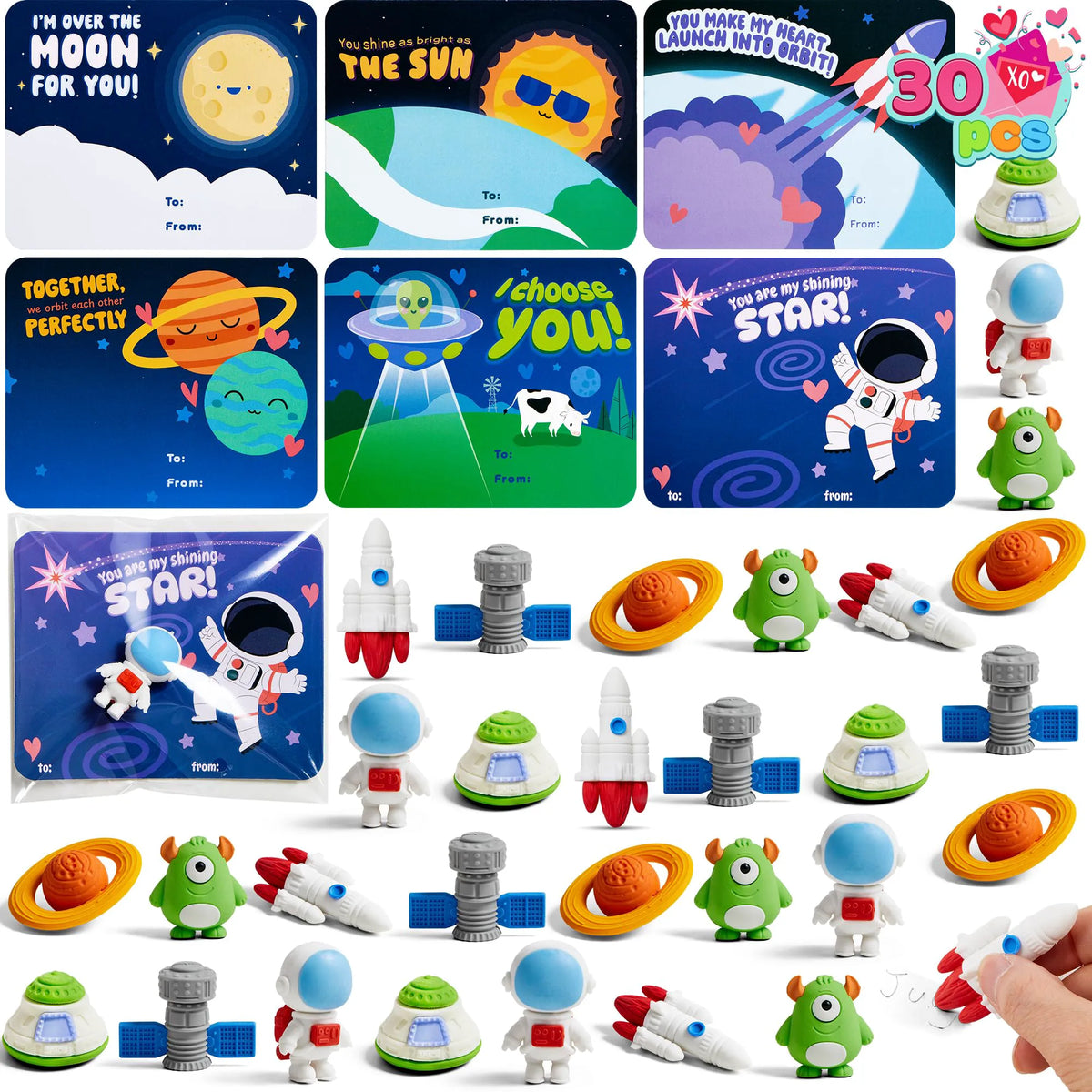 30 Space-Themed Valentine's Cards with Erasers for Party Favors