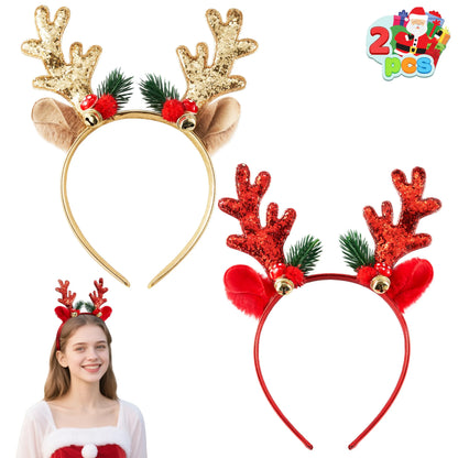 2 Pack Gold & Red Reindeer Headbands with Glitter
