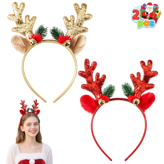 2 Pack Gold & Red Reindeer Headbands with Glitter