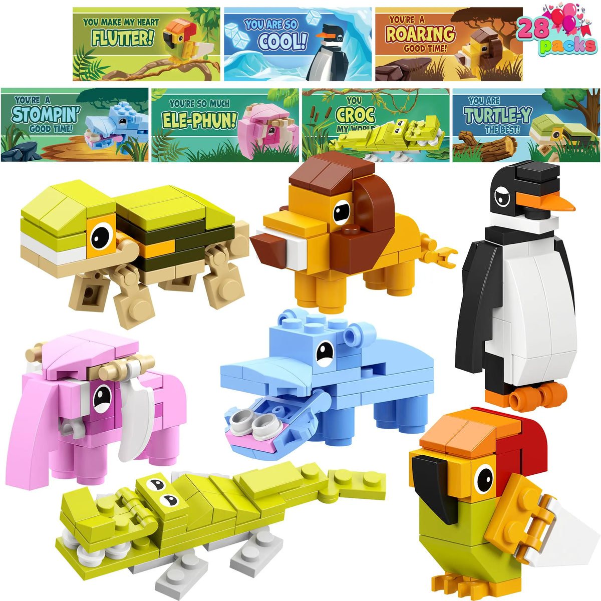 28-Piece Animal Building Blocks Set with Valentine's Day Cards for Kids