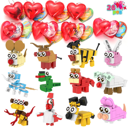 26-Piece Animal Building Blocks with Prefilled Hearts and Kids' Valentine Cards