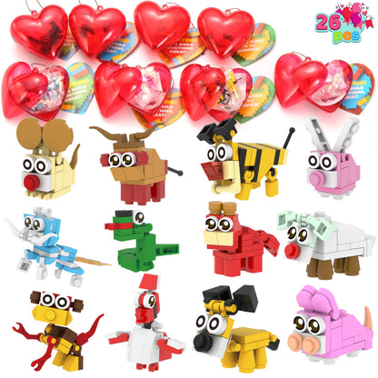 26-Piece Animal Building Blocks with Prefilled Hearts and Kids' Valentine Cards