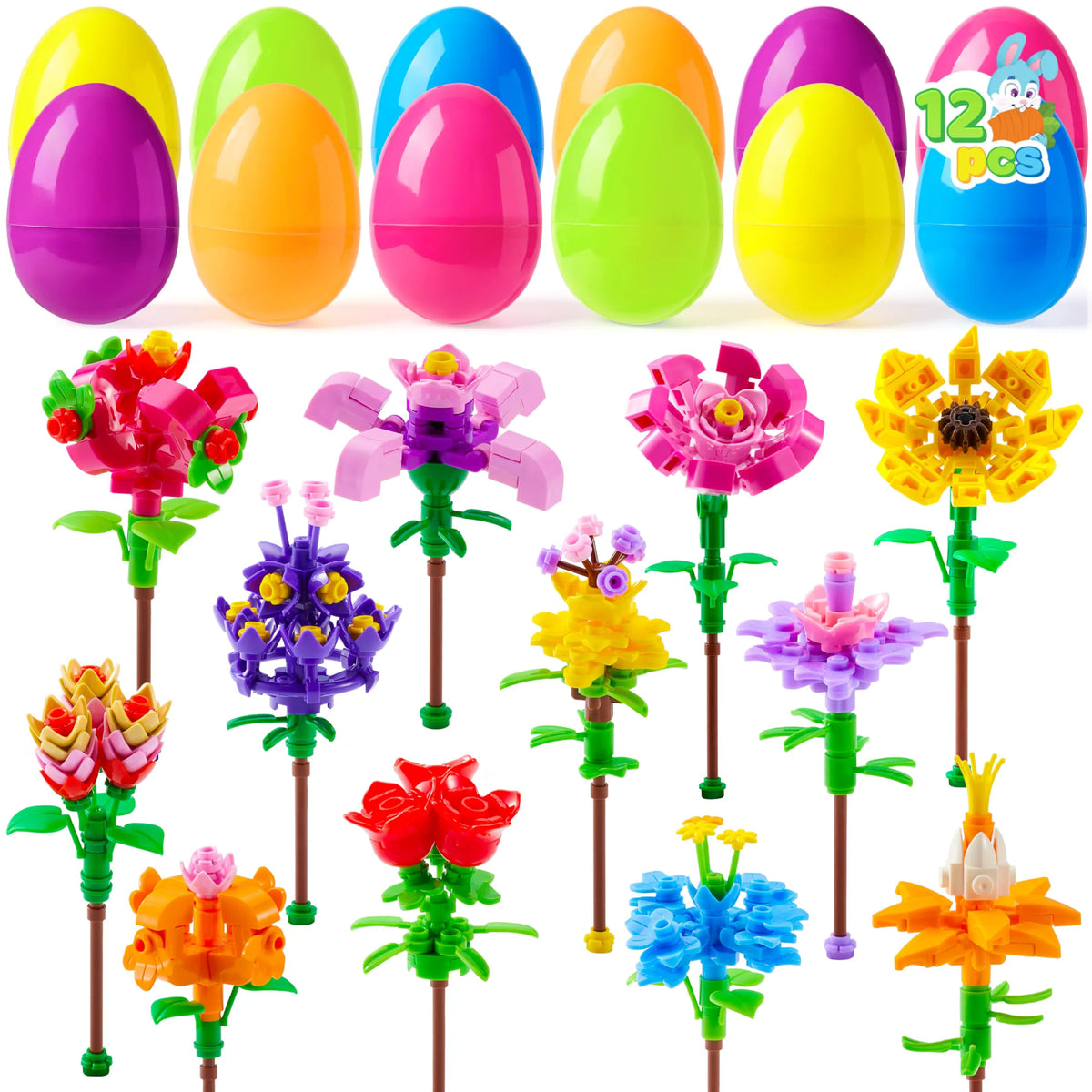 12 Prefilled Easter Eggs with Flower Building Blocks for Kids Egg Hunt