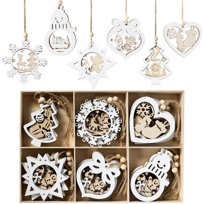 24-Piece Set of Wooden Carved Christmas Hanging Ornaments for Holiday Decor