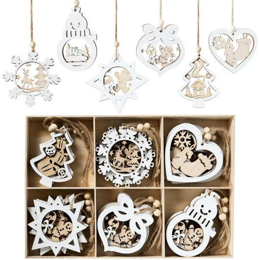24-Piece Set of Wooden Carved Christmas Hanging Ornaments for Holiday Decor