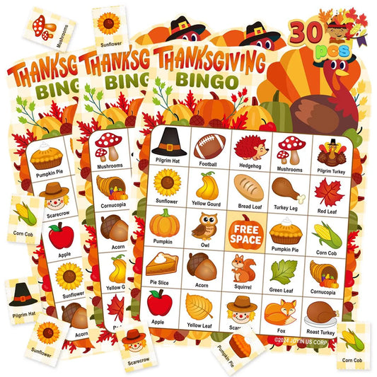 30 PCS Thanksgiving Bingo Cards for Kids and Family Activities