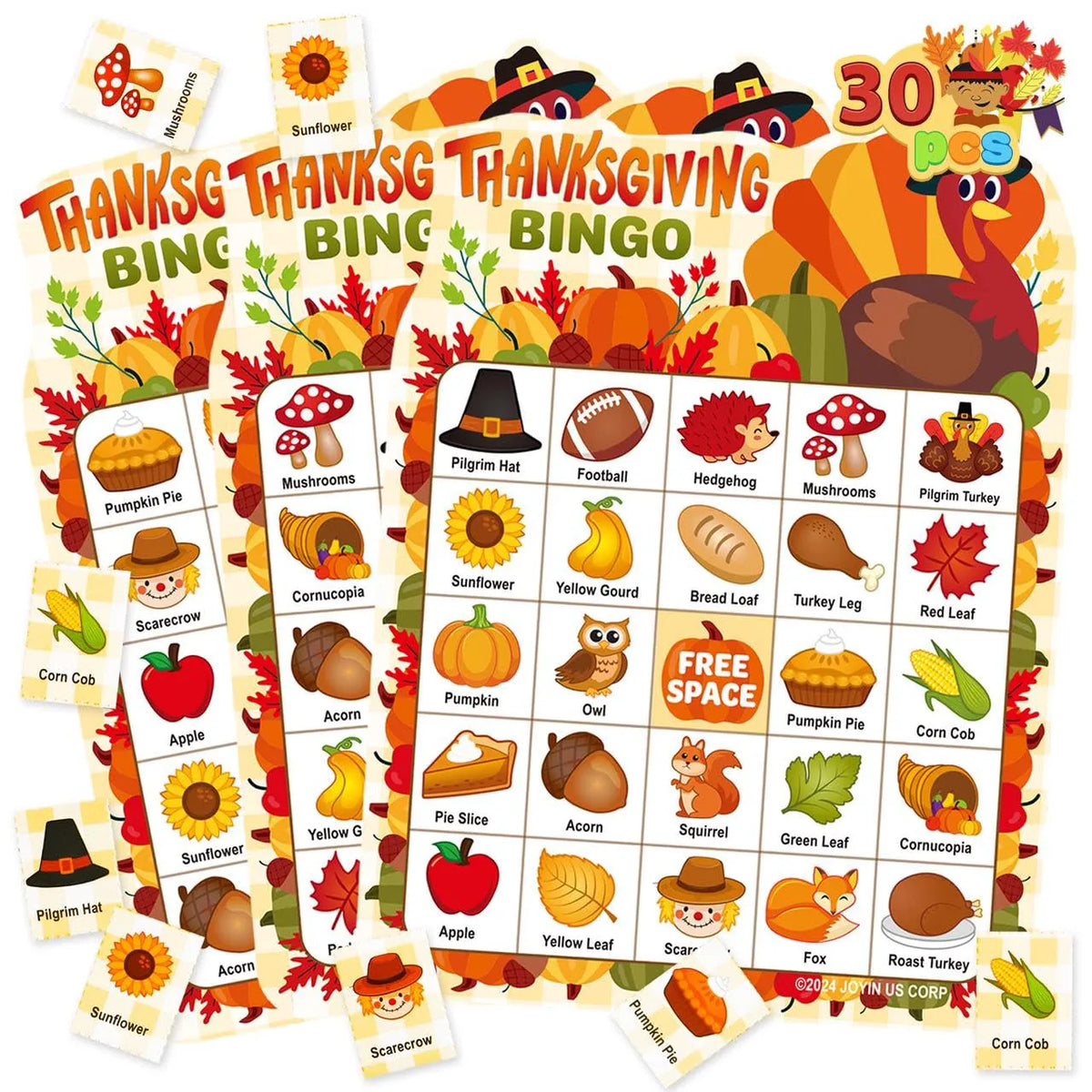 30 PCS Thanksgiving Bingo Cards for Kids and Family Activities