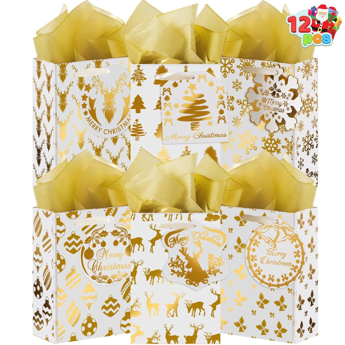12 Pcs Christmas Foil Gold Gift Bags with Tissue Paper and Name Card Tags