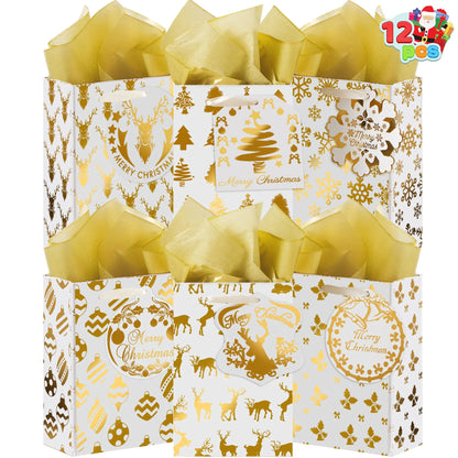 12 Pcs Christmas Foil Gold Gift Bags with Tissue Paper and Name Card Tags