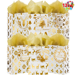 12 Pcs Christmas Foil Gold Gift Bags with Tissue Paper and Name Card Tags