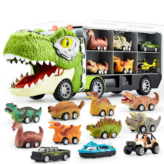13-in-1 Dinosaur Transport Carrier Truck with Mini Car Set