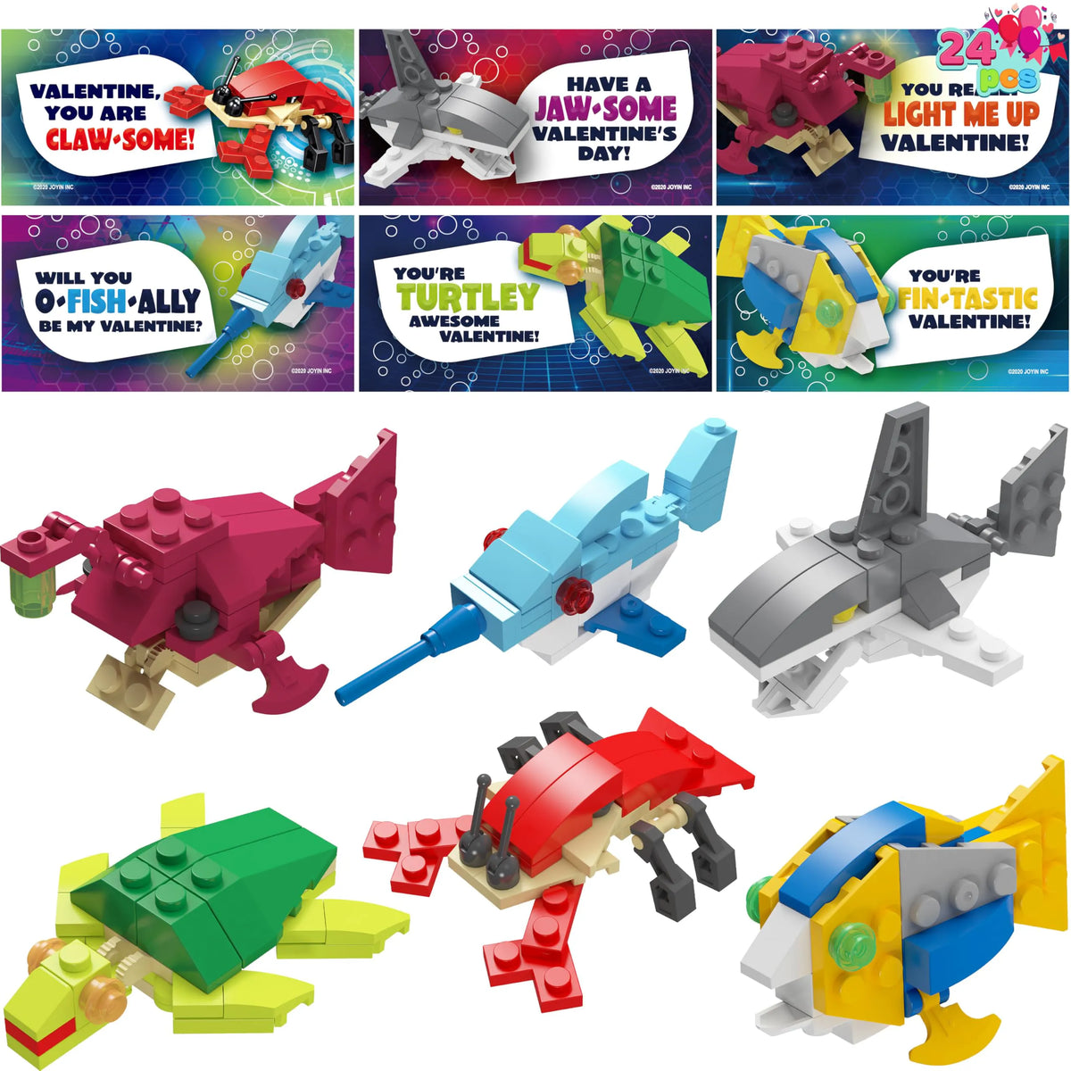 24 Pack Valentine's Day Cards with Sea Animal Building Blocks for Gifts and Party Favors