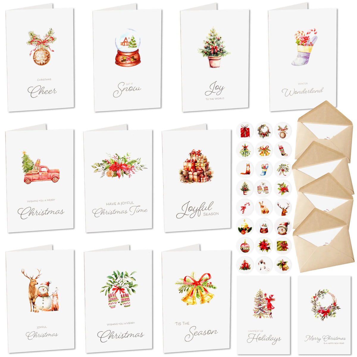 24 White Christmas Cards with Envelopes and Stickers