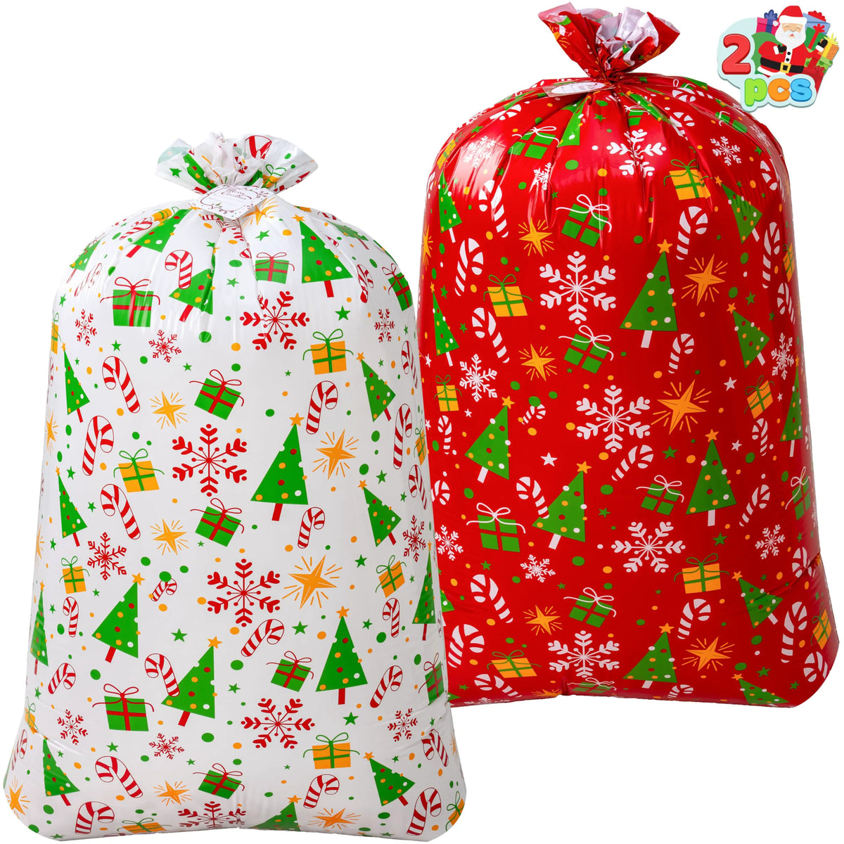 2 Large Red & White Christmas Holiday Plastic Gift Bags