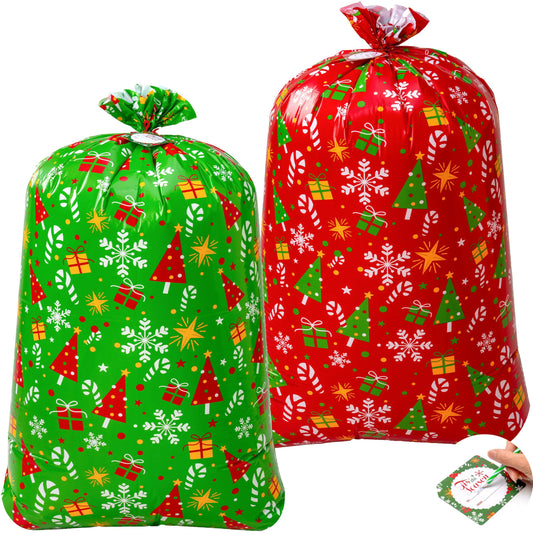 2 Large Red & Green Christmas Holiday Plastic Gift Bags