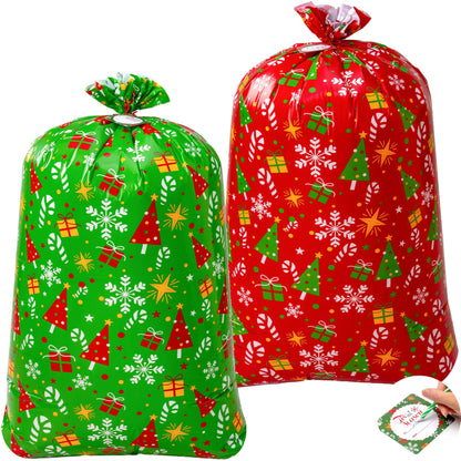 2 Large Red & Green Christmas Holiday Plastic Gift Bags