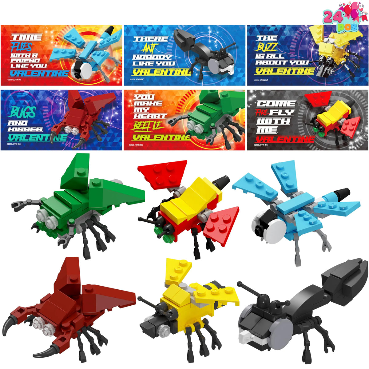 24 Pack Valentine's Day Cards with Animal Building Blocks for Gifts and Party Favors
