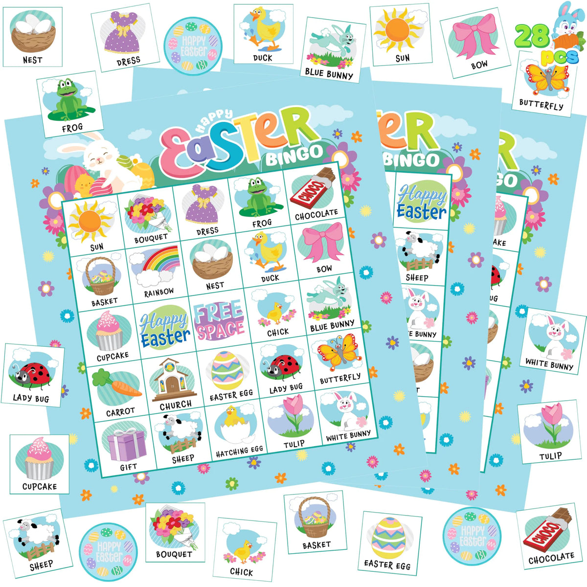 Easter Bingo Cards for Kids - 28 Players, 5x5 Grid, Blue