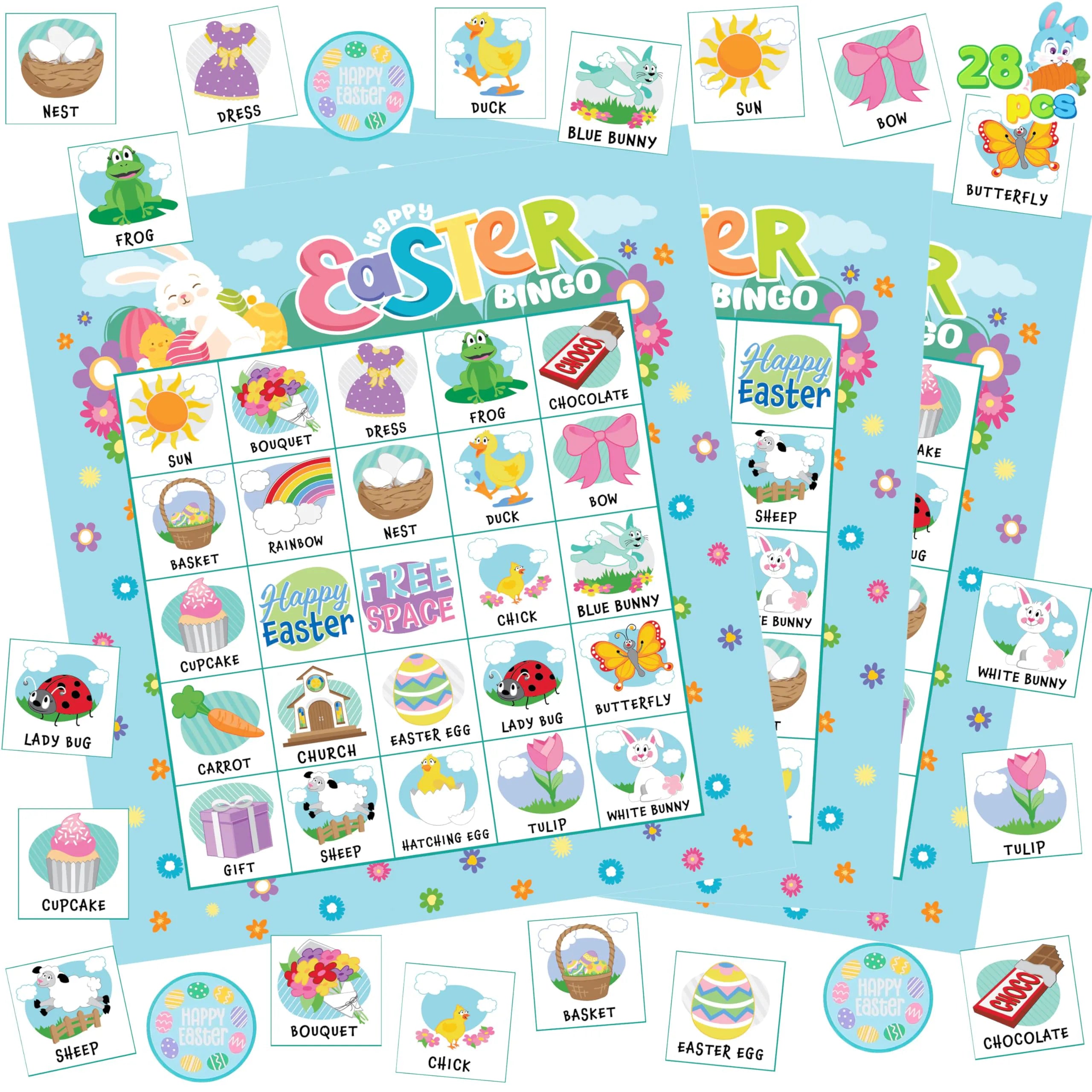 Easter Bingo Cards for Kids - 28 Players, 5x5 Grid, Blue