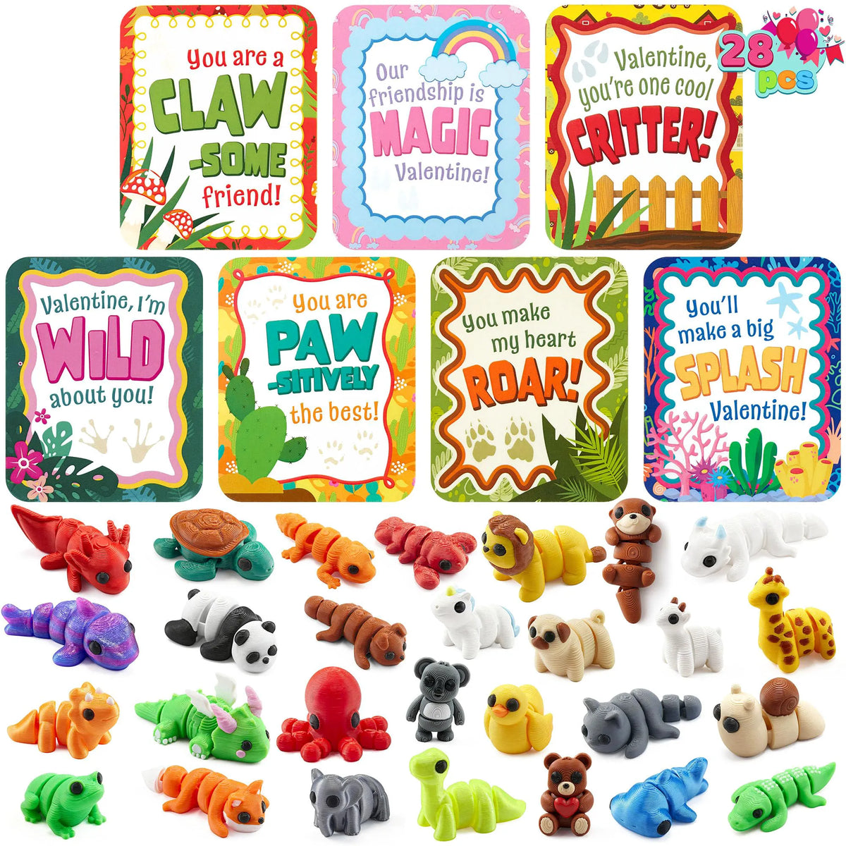 28-Piece Set of 3D Printed Mini Animals with Valentine Greeting Cards for Kids