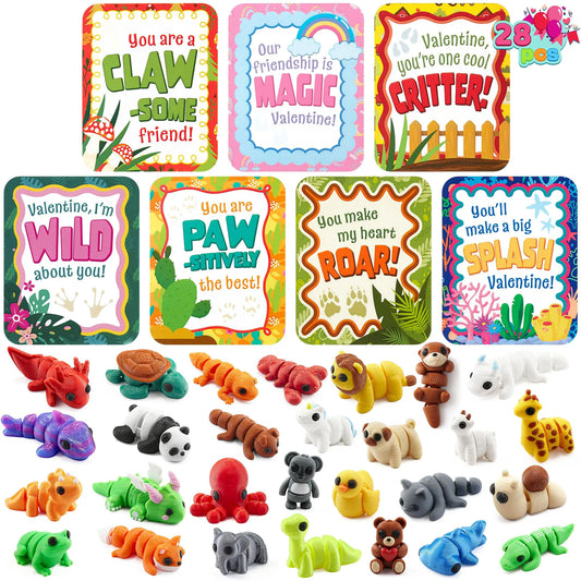 28-Piece Set of 3D Printed Mini Animals with Valentine Greeting Cards for Kids