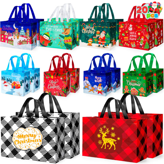 20 Pack Christmas Reusable Gift Bags, Assorted Sizes with Handles