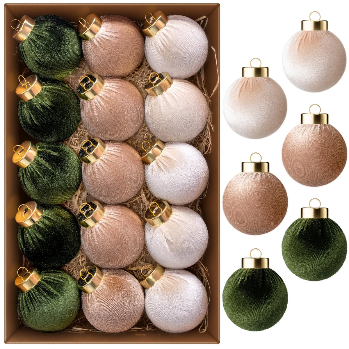 15-Piece Christmas Velvet Ball Ornament Set, 2.36-Inch Green Brown Neutral