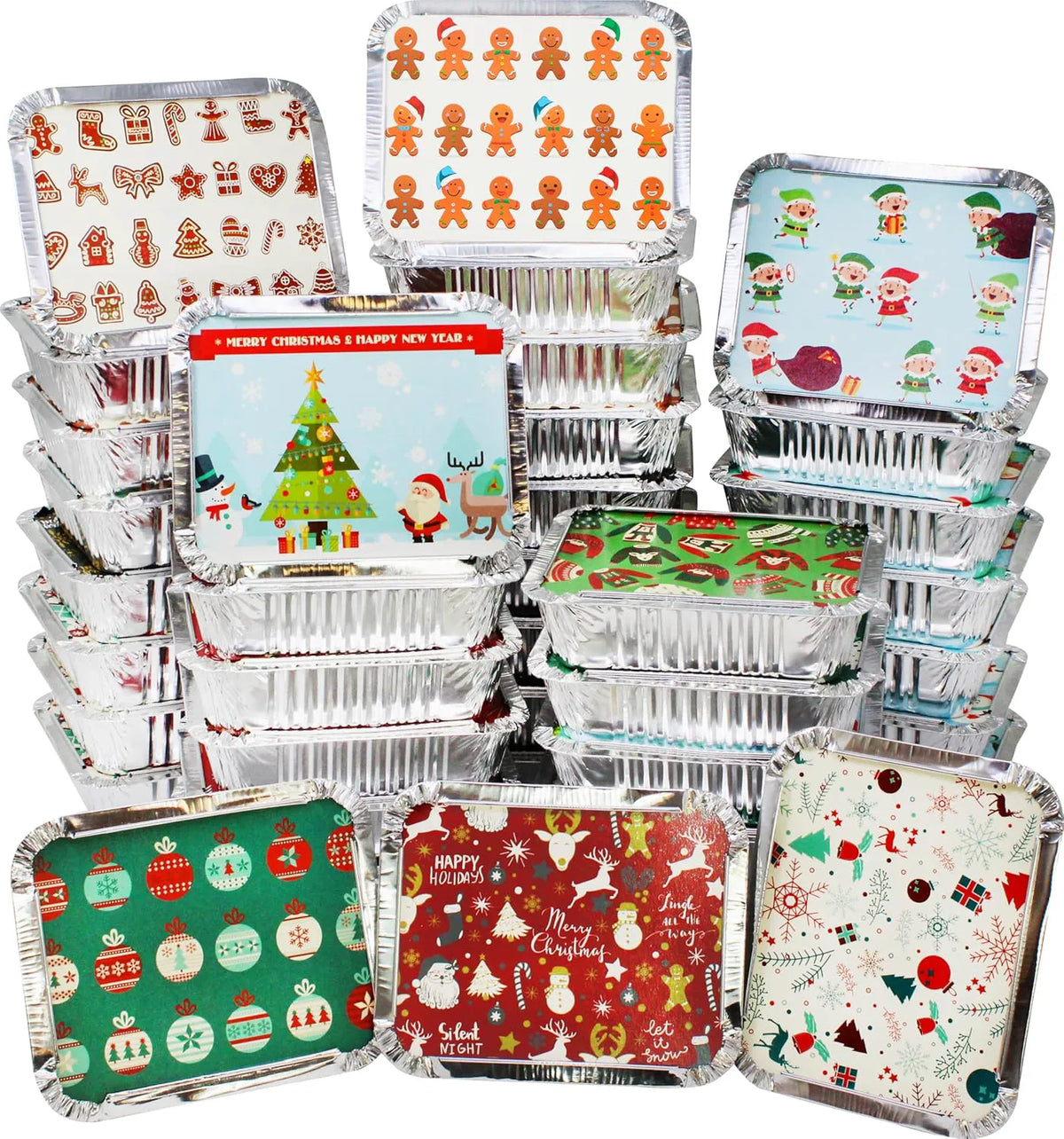 48-Pack Christmas Foil Containers with Lids (8.5"x6"x2" Rectangular)