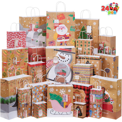 24 PCS Christmas Kraft Gift Bags, Assorted Sizes Xmas Paper Bags