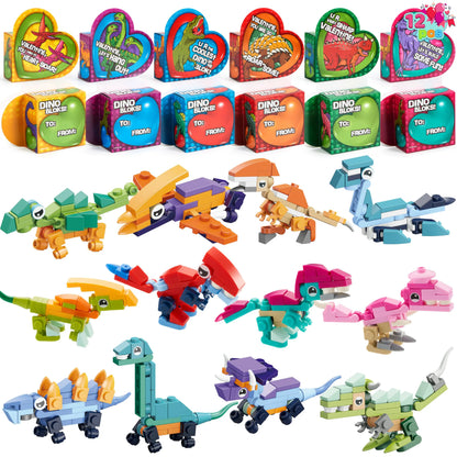 12-Pack Valentine's Dinosaur Building Blocks with Heart Boxes for Party Favors