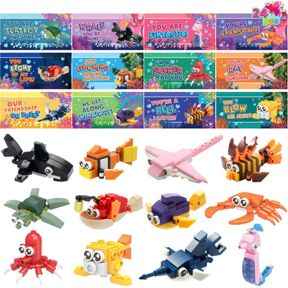 24 Pack Valentine's Day Cards with Ocean Animal Building Blocks for Party Gifts