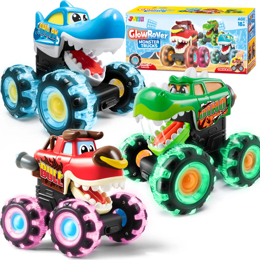 3-Pack Monster Truck Toys - Motion-Activated Light-Up Cars for Toddlers