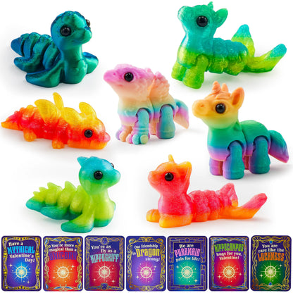 28 Pcs Kids Valentine's Day Cards with 3D Printed Mythical Creatures Toys