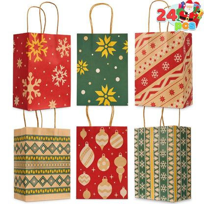 24-Pack Christmas Kraft Paper Gift Bags for Holiday Treats