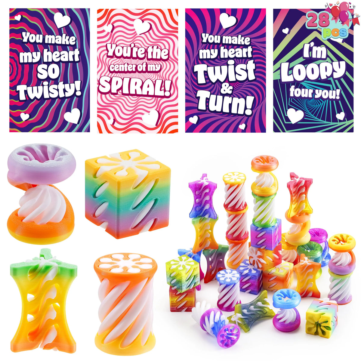 28Pcs Kids Valentine Cards with Impossible Spiral Cone Fidget Toys