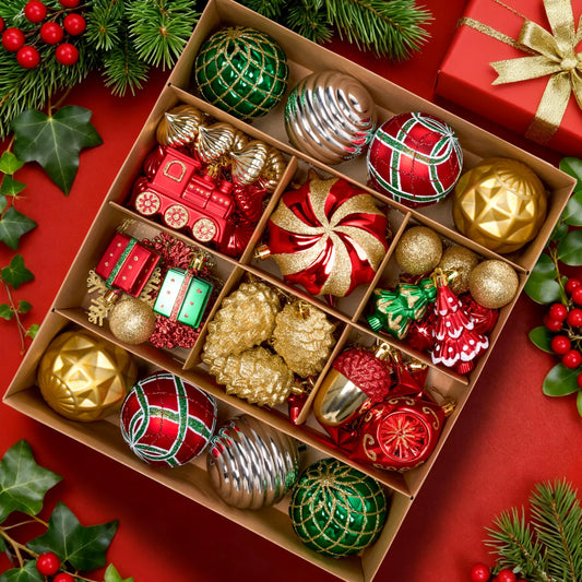 82-Piece Assorted Christmas Ornament Ball Set, 3.15-Inch Red Gold Green Deluxe