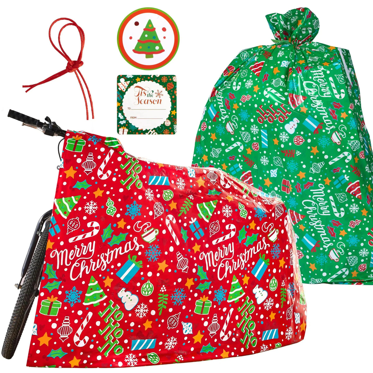 2-Piece Christmas Jumbo Bicycle Bags, Red & Green, 72x60 Inches