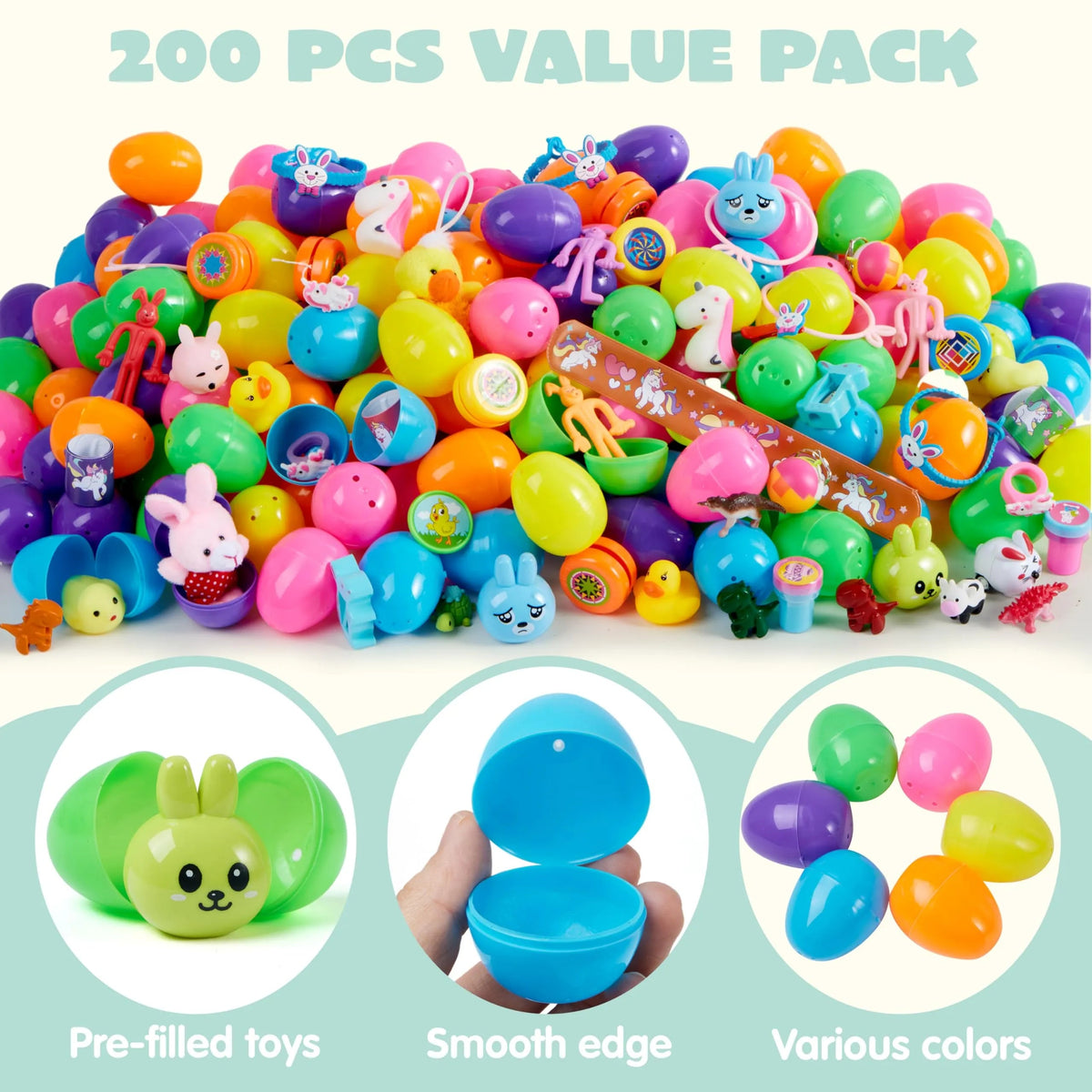 200 Cute Prefilled Easter Eggs with Toys and Stickers for Easter Egg Hunt