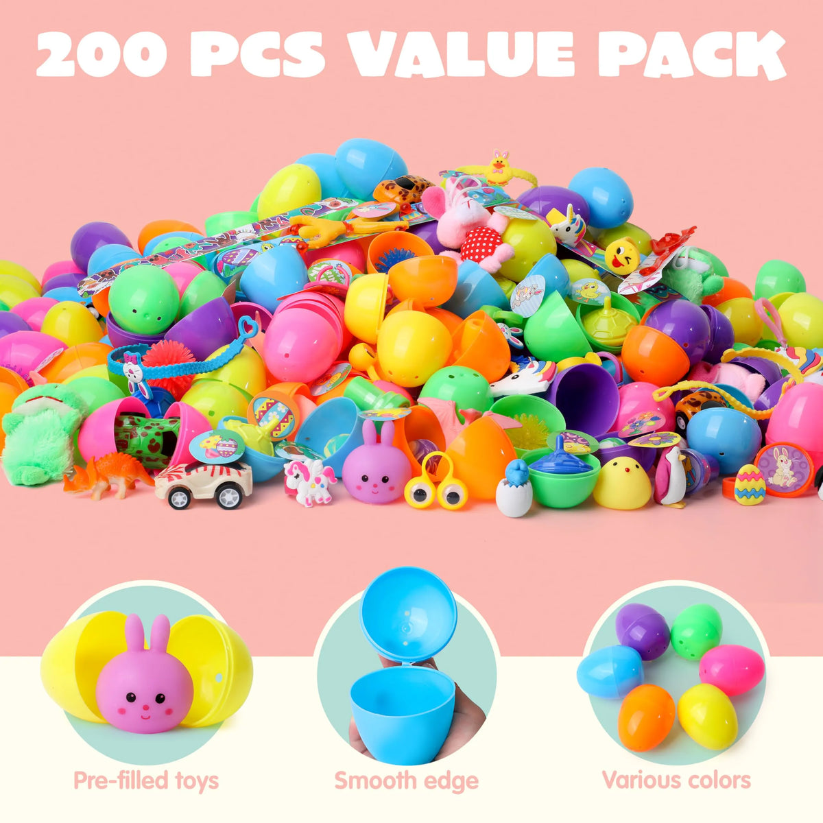 200 Prefilled Easter Eggs with Toys & Stickers, Easter Party Favors for Kids