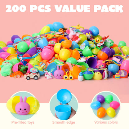 200 Prefilled Easter Eggs with Toys & Stickers, Easter Party Favors for Kids