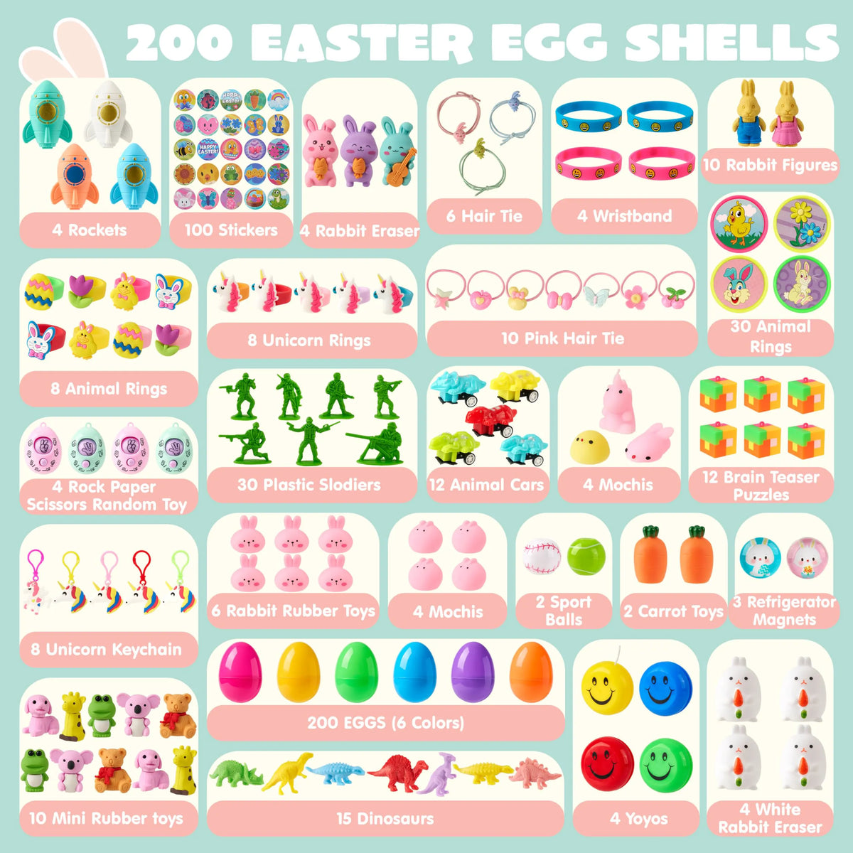 200 Prefilled Easter Eggs with Toys & Stickers, Easter Party Favors for Kids