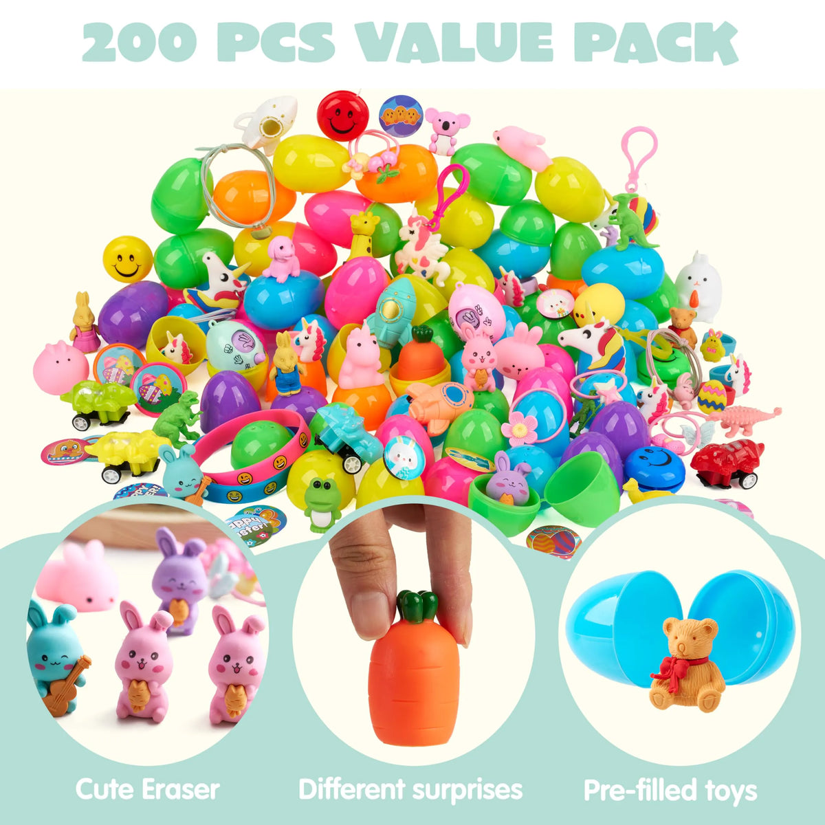 200 Prefilled Easter Eggs with Toys & Stickers, Easter Party Favors for Kids