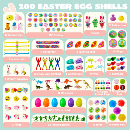 200 Prefilled Easter Eggs with Toys & Stickers, Easter Party Favors for Kids