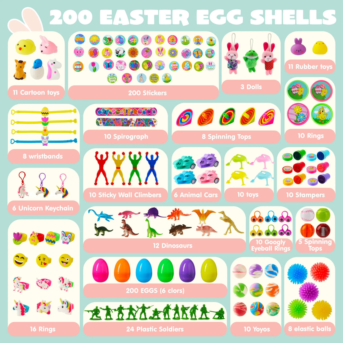 200 Prefilled Easter Eggs with Toys & Stickers, Easter Party Favors for Kids
