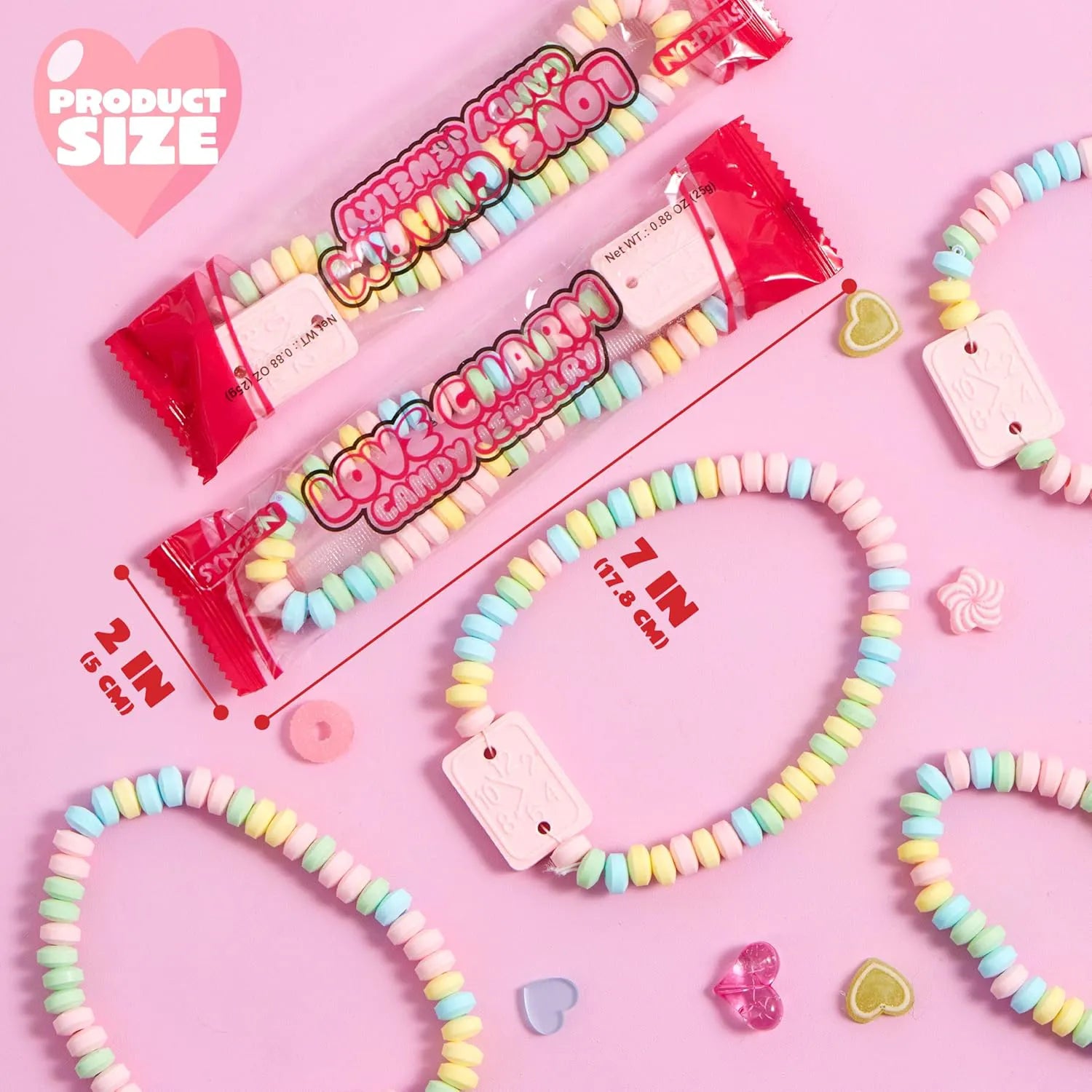 24 Valentine's Day Bracelet Candy, Individually Wrapped Color Snacks for Kids