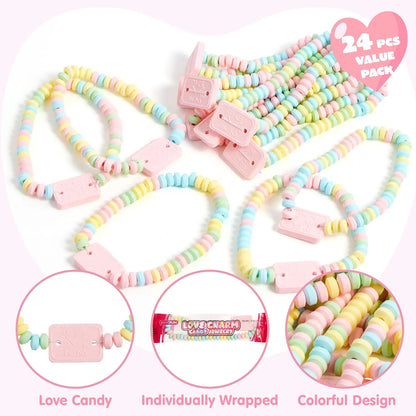 24 Valentine's Day Bracelet Candy, Individually Wrapped Color Snacks for Kids