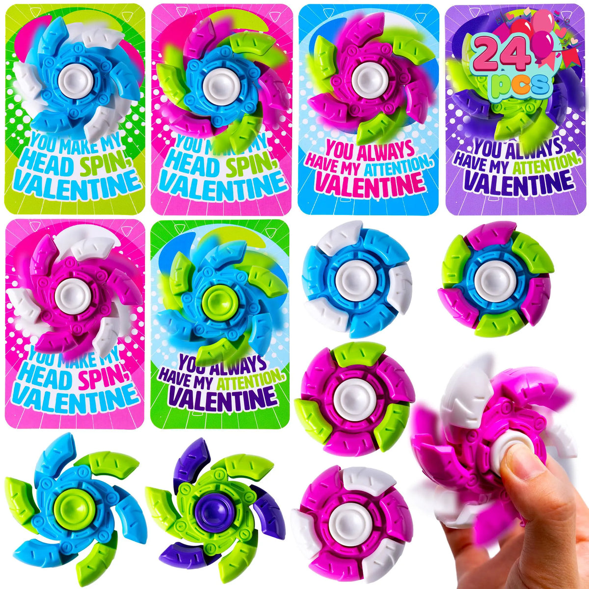 24-Pack Valentine's Day Plastic Fidget Spinners with 6 Design Gift Cards