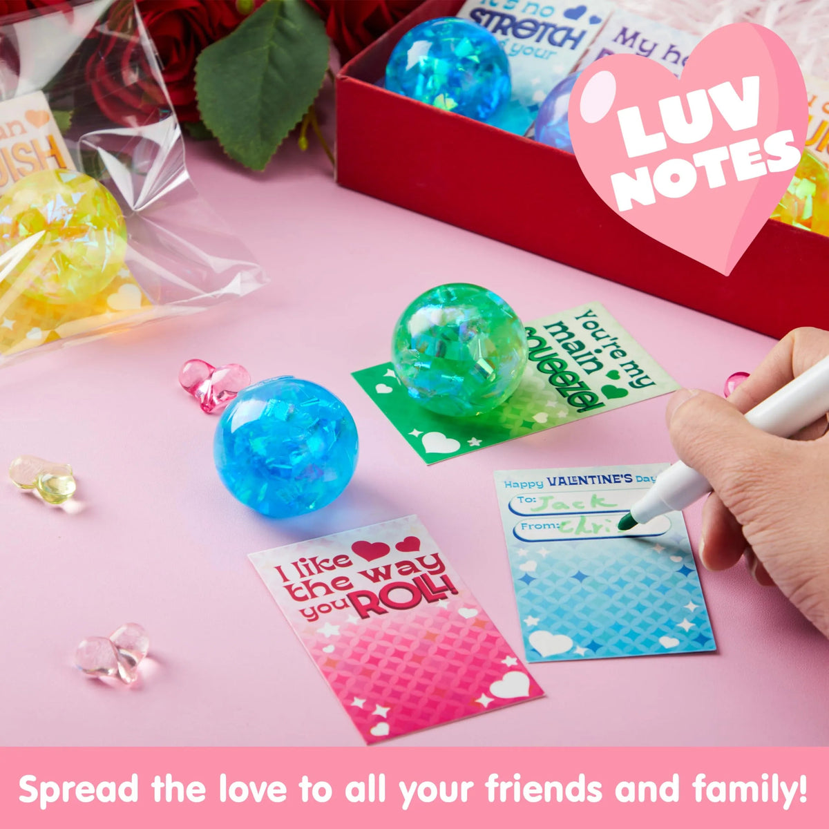 24-Pack Valentine's Day Stretchy Balls with Cards, Classroom Exchange Gift for Kids