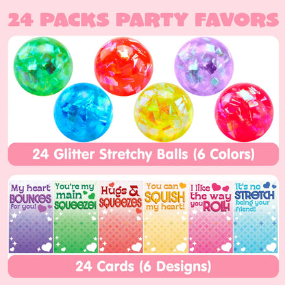 24-Pack Valentine's Day Stretchy Balls with Cards, Classroom Exchange Gift for Kids